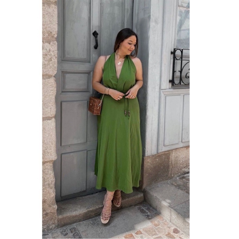 Zara Green Linen Blend Halter Maxi Dress Size Medium
